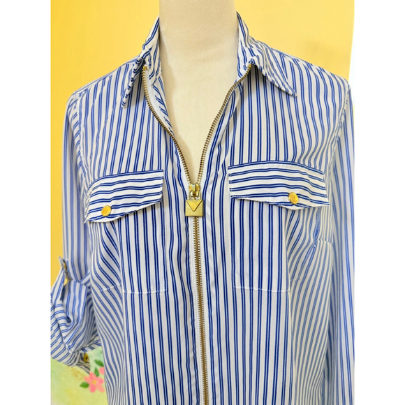 Women's Michael Kors Striped Full Zip Shirt, Size L, Blue/White - Picture 4 of 7